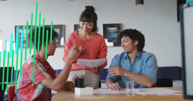 Woman entering offering printed charts, team grabbing papers and marking data in business meeting. Collaboration, teamwork, corporate, office, discussion, strategy, analytics