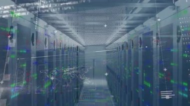 Animation of digital interface with data processing against computer server room. Computer interface and business data storage technology concept