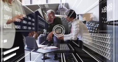 Two men opening laptop, spreading charts on gray sofa, activating AR panels for business analysis. Collaboration, data visualization, innovation, modern office, teamwork, digital interface, professional