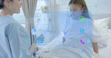 Nurse speaking and activating medical overlays while guiding child extending tongue for throat exam. Healthcare, telemedicine, medicaltechnology, pediatric, hospital, assistance, diagnostic