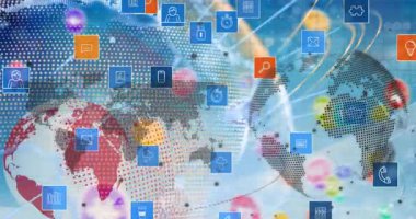 Küre animasyonu, dünya haritası ve mavi arka planda teknik simgeler. Dijital olarak oluşturulan küresel ağ, veri işleme ve teknoloji konsepti.