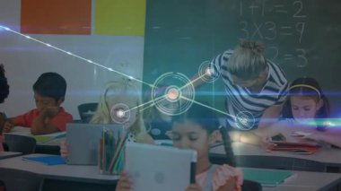 Teacher guiding students on tablets, starting nodes and connecting lines showing classroom network. Education, technology, collaboration, learning, innovation, digital, classroom