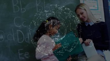 Student presenting green folder pointing, teacher listening rotating sphere showing education tech. Education, mentorship, digital connectivity, learning environment, innovative teaching, collaboration, academic achievement