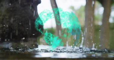 Stone spout pouring water causing wireframe fragments emerging rotating digital globe above basin. Modern, futuristic, holographic, technology, innovation, abstract, digital