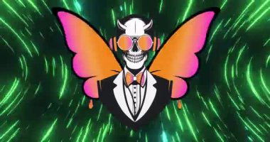 Skeleton bust with sunglasses appearing in vortex sprouting retracting wings showcasing neon motif. Cyber, futuristic, vibrant, surreal, dynamic, abstract, nightlife