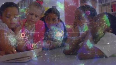 group of children exploring open book school library, glow spawning data network, teacher guiding. Collaboration, learning, digital connectivity, education, teamwork, innovation, technology