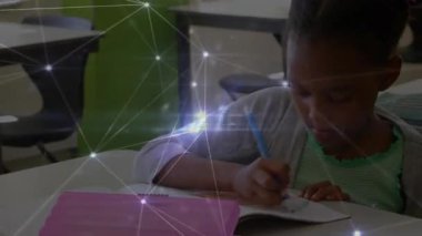 Female student picking blue pencil drawing page for assignment in class as camera pan showing peer. Youth, education, learning, creativity, focus, collaboration, classroom