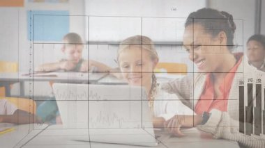 Teacher tapping laptop trackpad in education showing growth while animated charts rising over grid. Education, learning, technology, data analysis, childhood, classroom, innovation