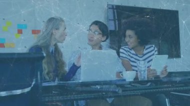 Colleagues in business meeting with woman raising finger presenting idea, animated arrows appearing. Collaboration, teamwork, innovation, brainstorming, modernoffice, professional, communication