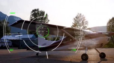 Animation of scanner processing information over small plane at airport. Global communication, travel and digital interface concept digitally generated video.