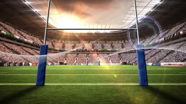 Animation of circular scanner and communication network over rugby stadium pitch. Global communication, sport, competition and digital interface concept digitally generated video.