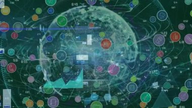 Animation of financial data , colorful icon connecting dots, graphs, globe on graphic interface. Digital composite, artificial intelligence, global communication, development, networking.