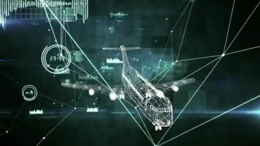 Animation of network of connections and data processing over spinning 3d airplane model. Global business networking and aviation technology concept