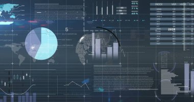 Sanal gösterge panelinde, pasta grafiğiyle 3 boyutlu resim ve çizgi grafiği gösteriliyor. Veri görselleştirme, analitik, dijital arayüz, gösterge paneli, iş zekası, teknolojik yenilik, geleceksel tasarım