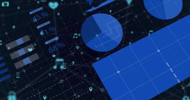 Karanlık ızgarada arayüz oluşturuluyor, mavi çizelgeler, mavi blok,% 45,% 1,% 68 etiketler ve simgeler gösteriliyor. Fütüristik, teknoloji, analitik, gösterge paneli, veri görselleştirme, dijital, yüksek teknoloji