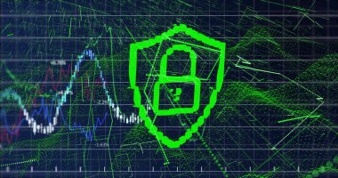 Pikselleştirilmiş yeşil kalkan, asma kilit güvenli arayüzü veri gösterge panelinde, çizelgelerle gösteriliyor. Siber güvenlik, veri görselleştirme, dijital güvenlik, bulut hesaplama, ağ koruması, teknoloji, fütürist