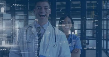 Önlüklü doktor, önlüklü hemşire stetoskoplu tablet, hastane laboratuarı HUD grafikleri kullanıyor. Tıbbi, sağlık, teknoloji, profesyonel, yenilik, tanı, hastane