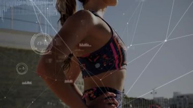 Dışarıda egzersiz yapan kadın ve erkek arasındaki bağlantı ağının animasyonu. Spor fitness ve teknoloji konsepti.