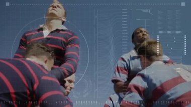 Sports team lifting jumpers on grass with digital overlay and mist spraying to catch incoming ball. Athletic, teamwork, competition, vibrant, energetic, outdoor, dynamic