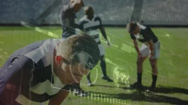 Athlete bending over post-play activating sports analytics overlay for performance insight. Performance, analytics, technology, teamwork, innovation, sportswear, data visualization