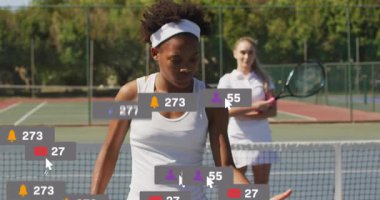 Front tennis player bouncing ball as follower badge appearing and icons swirling for marketing. Sports, digital marketing, minimalist, competitive, outdoor, vibrant, engagement