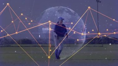 Baseball player tracking ball running leaping to catch while network overlay analyzing performance. Athlete, sports, digital, technology, motion, dynamic, stadium