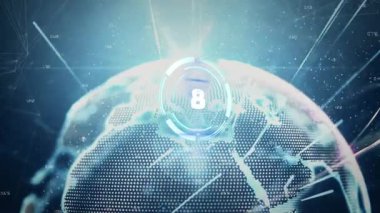 Veri işleme ve küreye geri sayım ile birlikte tarama alanının animasyonu. küresel iş, bağlantılar ve veri işleme kavramı dijital olarak oluşturulmuş video.