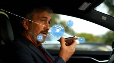 Animation of network of connections over caucasian man using smartphone in car. network, connections, communication, transport and travel concept digitally generated video.