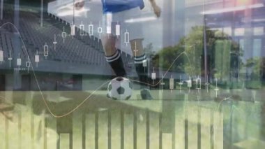 Finansal tablolar üst üste gelirken topa vuran kadın sahada top sürmeye başlıyor. Atletizm, fitness, yenilik, sportmenlik, veri görselleştirme, performans, modern