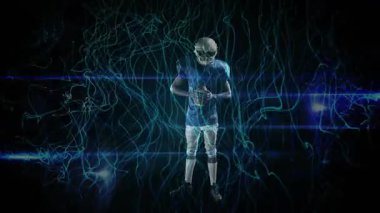 Dijital arenada ortaya çıkan futbolcu ve elektrik hatlarıyla top tutuş talimleri yapıyor. Sporcu, spor, dijital, gelecekçi, hareket, eğitim, sanal