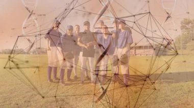 Beyzbol takımının eldiven ve yumruklarını kaldırıp DNA kaplamasının altında tezahürat yaparken sol kollarını kaldıran oyuncu. Sporcular, takım çalışması, zafer, kutlama, sportmenlik, fitness, birlik