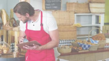 Teknolojinin animasyonları çeşitli iş adamlarının üzerinde çeşitli kadınların kahveyi hazırlaması üzerine. Küresel iş dijital arayüzü teknolojisi ve dijital olarak oluşturulan ağ konsepti.