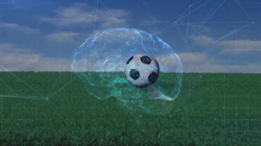 Sol taraftan gelen futbol topu yüzen holografik beyinde yuvarlanıyor ve ağ akışını görselleştiriyor. Gelecekçi, nörobilim, dijital, yenilik, teknoloji, sanal, kavramsal
