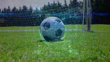 Ayaklarını yere vurarak topa vuruyor. Kaleci dalışı yapıyor. Kale rakibini ezip geçiyor. Atletik, spor, rekabet, aksiyon, açık hava, yoğunluk, çeviklik