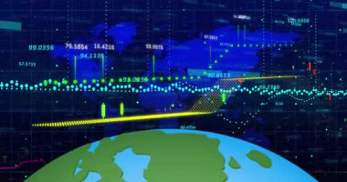 Dünya haritasında finansal verilerin canlandırılması ve siyah arka planda dünya. ticari, finans, teknoloji ve dijital arayüz kavramı dijital olarak oluşturulmuş video.