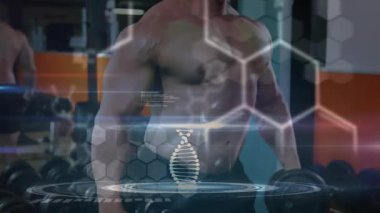 Kas adam spor salonunda yanal yükselmeler yapıyor, kas analizi için holografik DNA sarmalını etkinleştiriyor. Fitness, power, technology, innovation, Gym, biomechanics, health