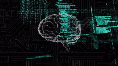 Karanlık arka planda veri işleme ve insan beyni animasyonu. küresel bilim, bağlantılar, veri işleme ve dijital arayüz kavramı dijital olarak oluşturulmuş video.