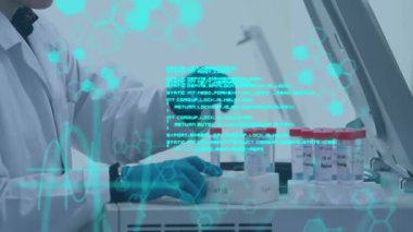 Animation of science data processing over scientist in laboratory. global science, connections, data processing and digital interface concept digitally generated video.