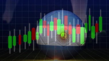 Arjantin güneş amblemi taşıyan el ele tutuşan küre, mavi ızgaradaki şamdan şemasını ortaya çıkarıyor. Finans, ticaret, piyasa analizi, veri görselleştirme, kurumsal, profesyonel, dijital