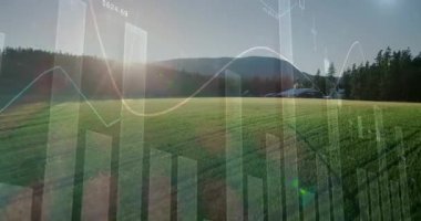 Tarımsal alan ve manzara üzerindeki finansal grafiklerin animasyonu. tarım, finans ve ekonomi konsepti dijital olarak üretilen video.