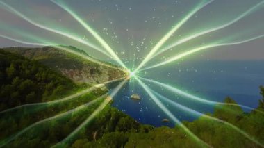 Uçurumun ucunda parlayan parlak nokta, titreşen yeşil ışınlar, sürüklenen parıltılar, enerjiyi görselleştiren. Doğa, enerji, atmosfer, mistik, teknoloji, huzur, aydınlatma