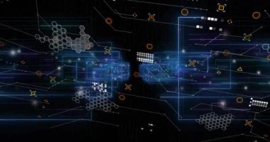 Neon-mavi kümeler görüntüye doğru sürükleniyor ve ikon düğümleri veri akışını görselleştiriyor. Neon, futuristik, teknoloji, dijital, soyut, ağ, siber