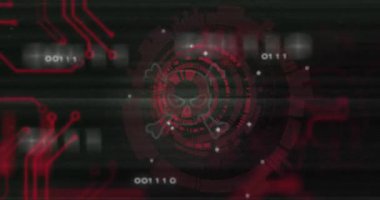 Dönen halkalar devre izlerini sürmeye başlar ve kafatası ve çapraz kemikler bozulmaya başlar. Siber güvenlik, dijital, fütüristik, teknoloji, uyarı, uyarı simgesi, yüksek teknoloji