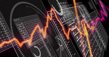 Şeffaf veri panelleri ile dijital torpido gözünde süzülen parlak turuncu çizgi grafiği gösteriliyor. Teknoloji, finans, analitik, yenilik, veri görselleştirme, dijital arayüz, siber güvenlik