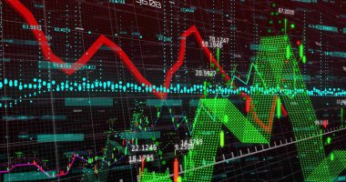 Ekranda kırmızı trend çizgisi, yeşil zigzag okları, mavi referans çizgisi, çubuklar gösteriliyor. Finansal, analitik, görselleştirme, dijital, arayüz, veri, teknoloji