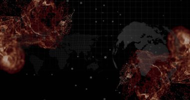 Siyah ızgarada alev kırmızısı bulutlarla dönen noktalı bir dünya haritası. Parlak veri noktaları ve çizgileri var. Gelecek, teknoloji, veri, bağlantı, dijital, siber uzay, soyut