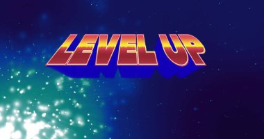 Kozmik yıldız alanının üzerinde parlayan parçacık kümesiyle süzülen kalın 3D LEVEL Up metni. Fütürist, enerjik, sürükleyici, dijital, uzay, fantezi, soyut