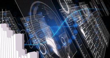 Sanal ortamda dönen tel çerçeve küre, HUD paneller, mavi çizgi grafiği, göstergeler, beyaz çubuklar. Teknoloji, veri görselleştirme, fütüristik, dijital arayüz, analitik, gösterge paneli, yenilik