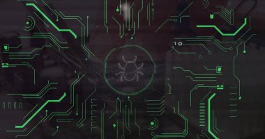 Simgesel dijital arayüzün ortasında, devre izleriyle parlayan stilize böcek ikonu titreşimi. Teknoloji, siber güvenlik, dijital, ağ, şematik, geleceksel, ağ oluşturma