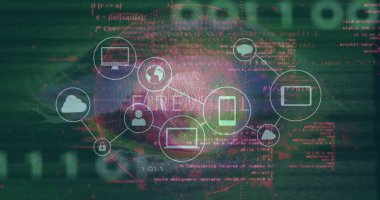 Yüzen parmak izi ve güvenlik aygıtı simgeleri çift tonlu kod arkaplanı üzerinde veri ağı oluşturuyorlar. Siber güvenlik, veri koruması, dijital ağ, teknoloji, bilgi güvenliği, siber çevre, soyut tasarım